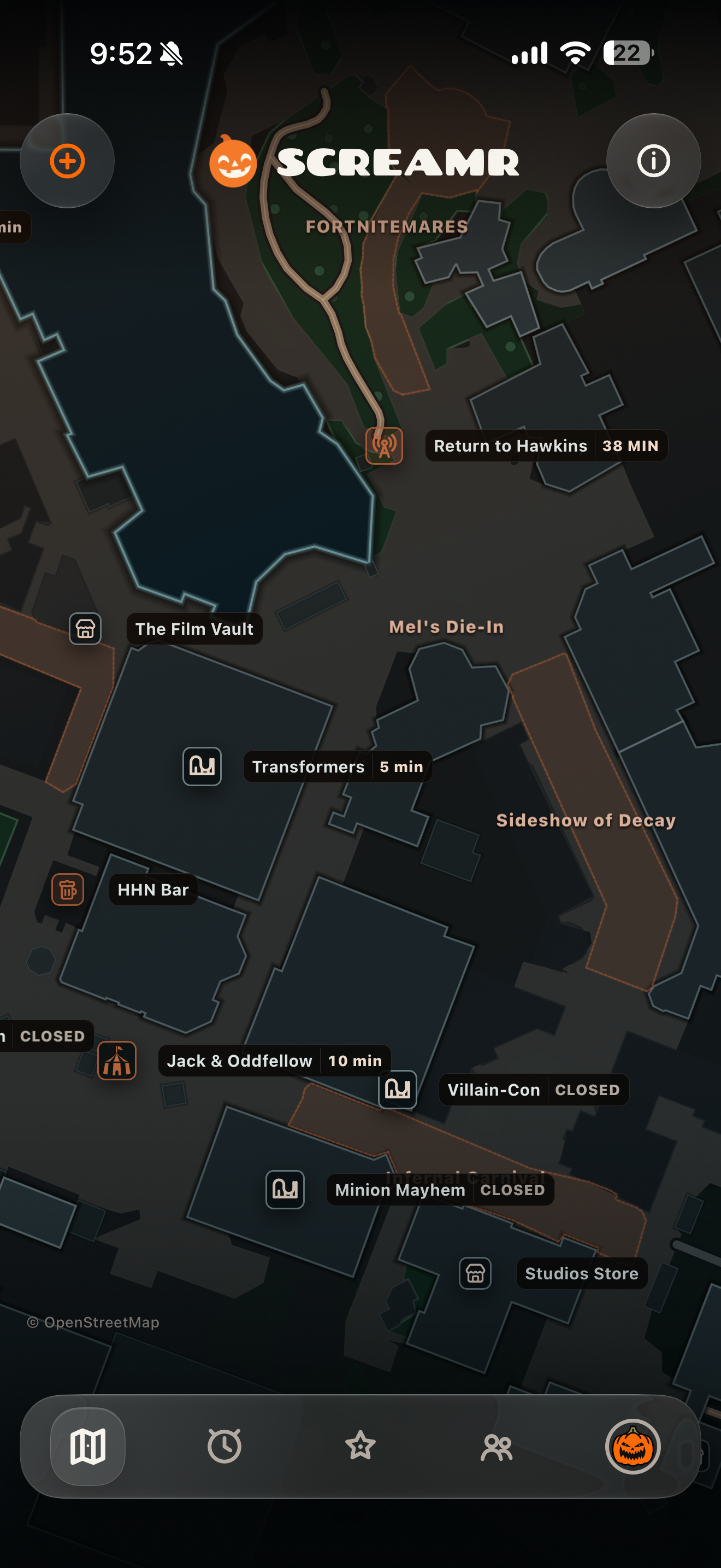 Screamr's theme park map showing attractions and wait times